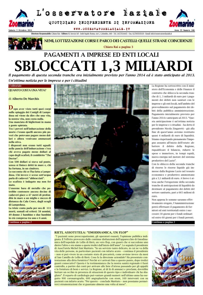 L'osservatore d'Italia edizione del 5 Ottobre 2013